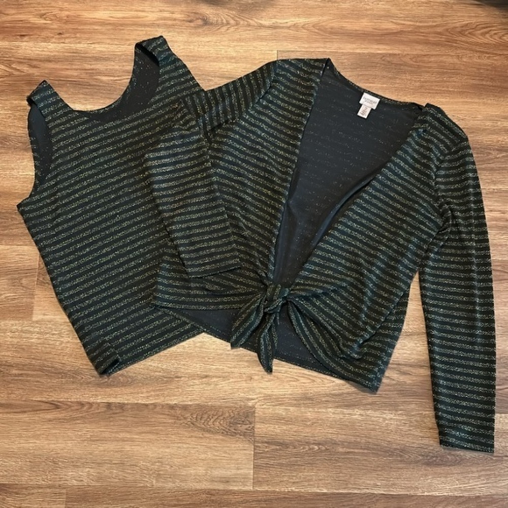 Chico’s Easywear 2 Piece Sleeveless + Tie Top Shell Black Gold Stripes Sparkle